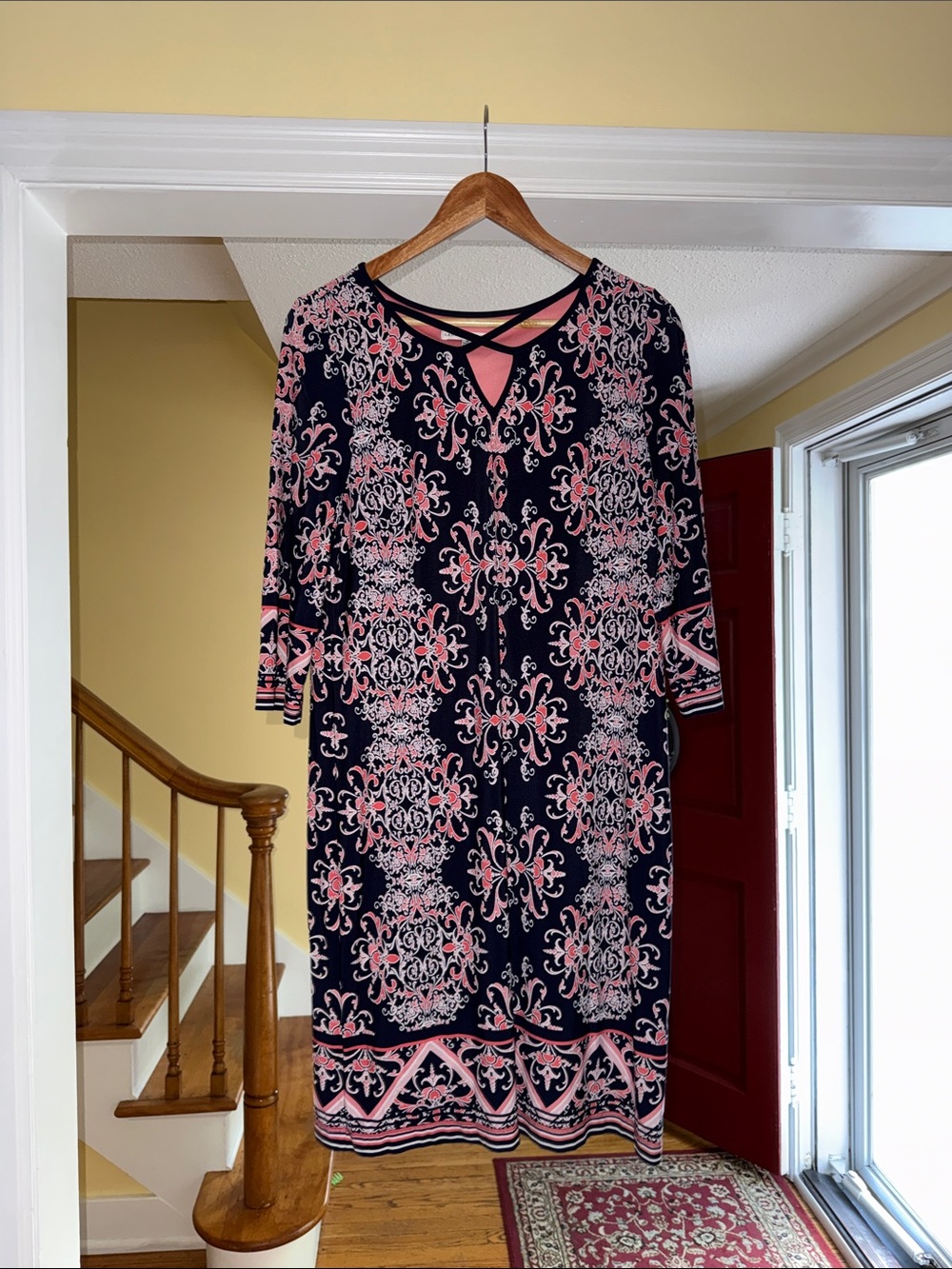 Sandra Darren Navy and Pink Long Sleeve Dress